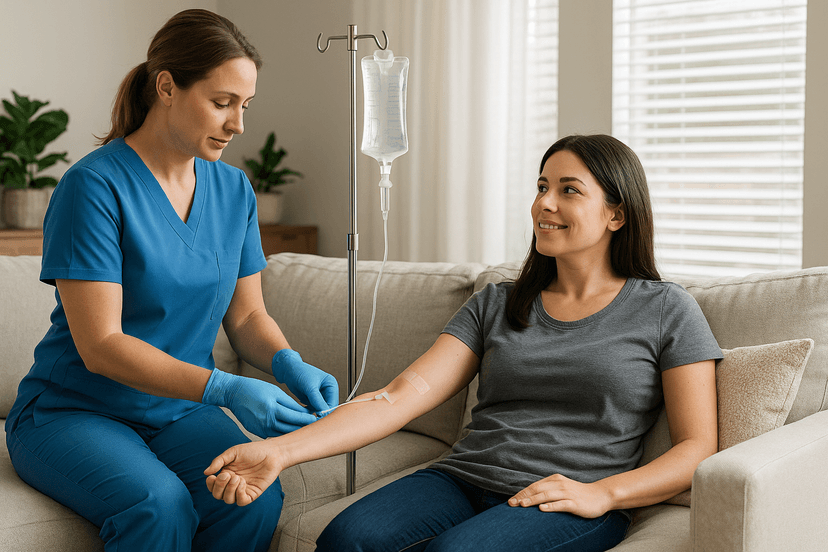 Woman receiving IV treatment.