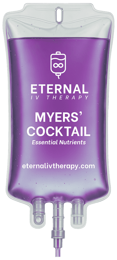 Myers’ Cocktail IV drip bag with purple essential nutrient solution and Eternal IV Therapy branding promoting mobile IV therapy