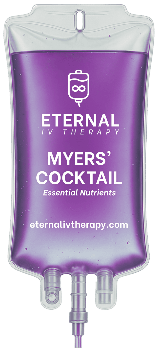 Myers’ Cocktail IV drip bag with purple essential nutrient solution and Eternal IV Therapy branding promoting mobile IV therapy