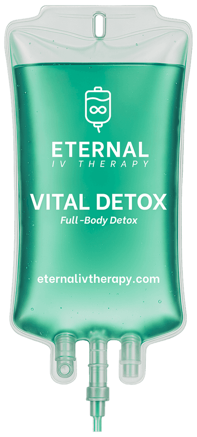Vital Detox IV drip bag with teal detox solution and Eternal IV Therapy branding promoting full-body detox