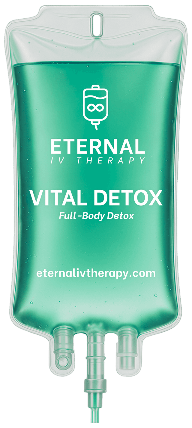 Vital Detox IV drip bag with teal detox solution and Eternal IV Therapy branding promoting full-body detox