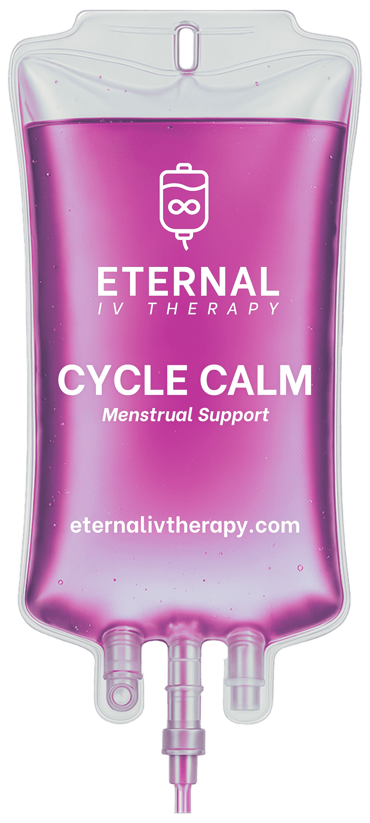 Cycle Calm IV drip bag with pink fluid and Eternal IV Therapy branding promoting menstrual support