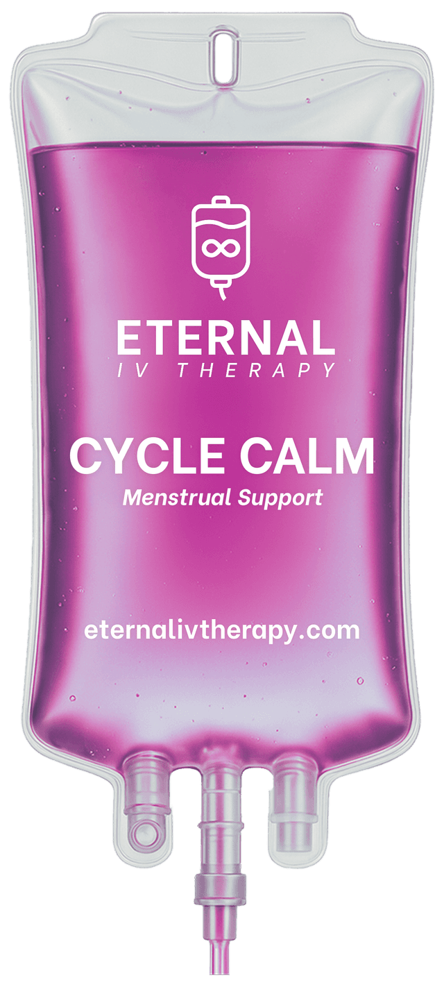 Cycle Calm IV drip bag with pink fluid and Eternal IV Therapy branding promoting menstrual support