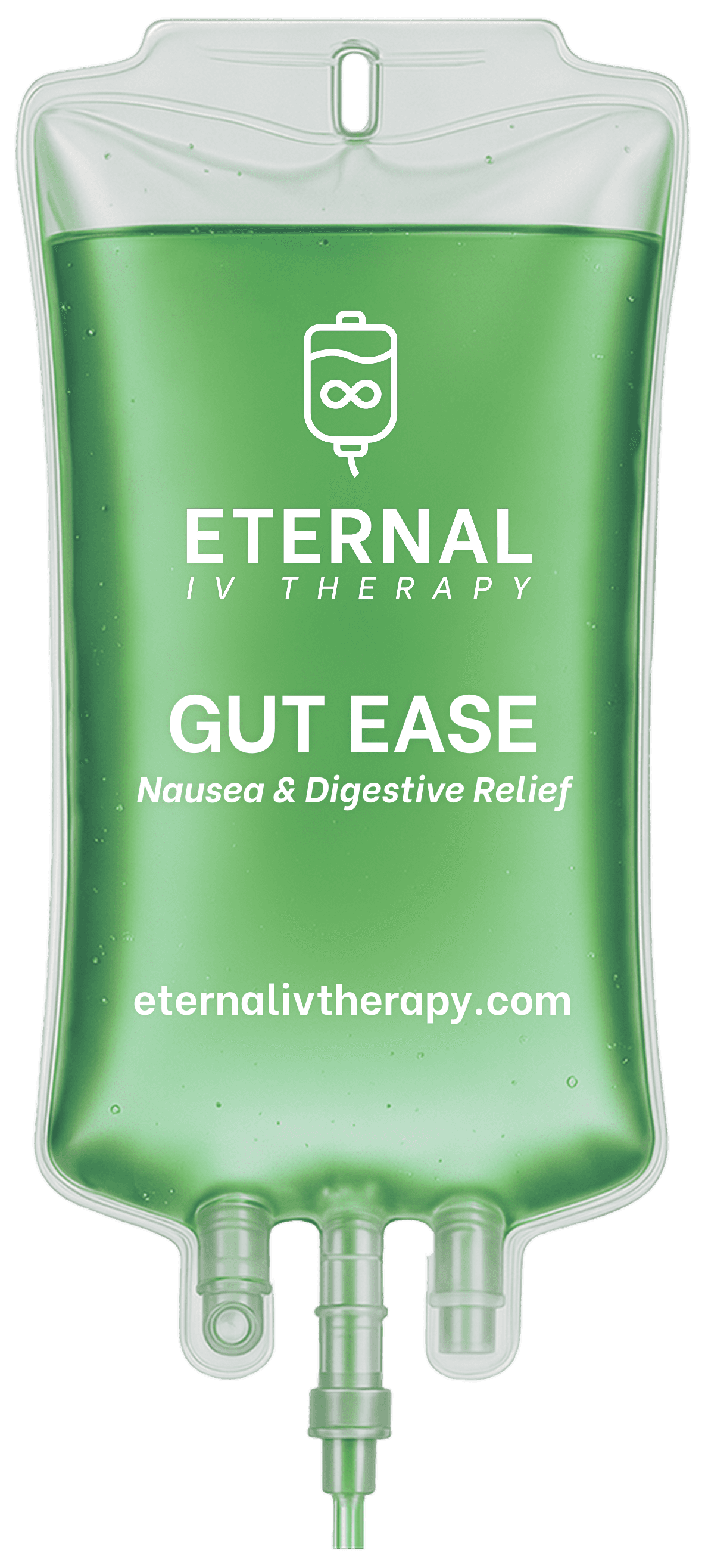 Gut Ease IV drip bag with green fluid and Eternal IV Therapy branding promoting nausea and digestive relief