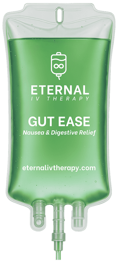 Gut Ease IV drip bag with green fluid and Eternal IV Therapy branding promoting nausea and digestive relief