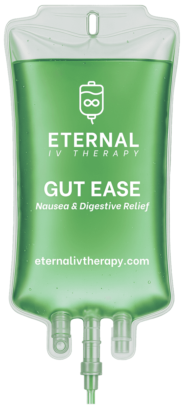 Gut Ease IV drip bag with green fluid and Eternal IV Therapy branding promoting nausea and digestive relief