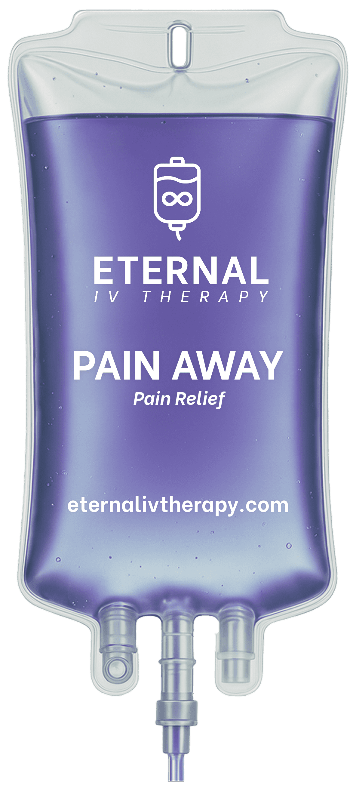 Pain Away IV drip bag with purple fluid and Eternal IV Therapy branding promoting pain relief