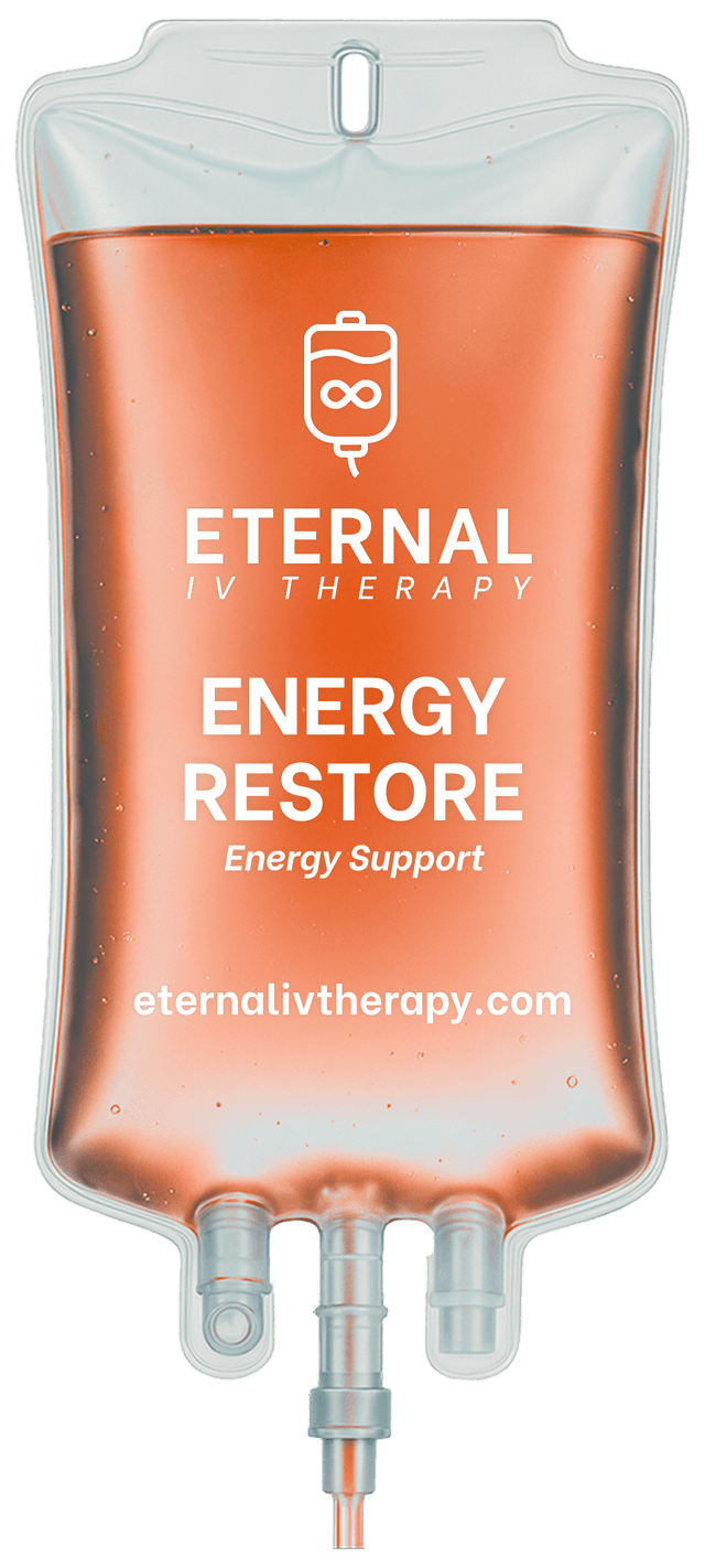 Energy Restore IV drip bag with orange fluid and Eternal IV Therapy branding promoting energy support, mobile IV therapy, and on-demand vitamin infusion services