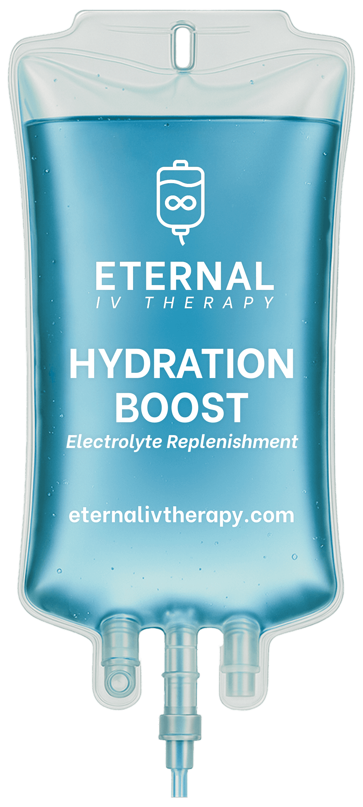 Hydration Boost IV drip bag with blue fluid and Eternal IV Therapy branding promoting electrolyte replenishment, hydration support, and mobile IV therapy services