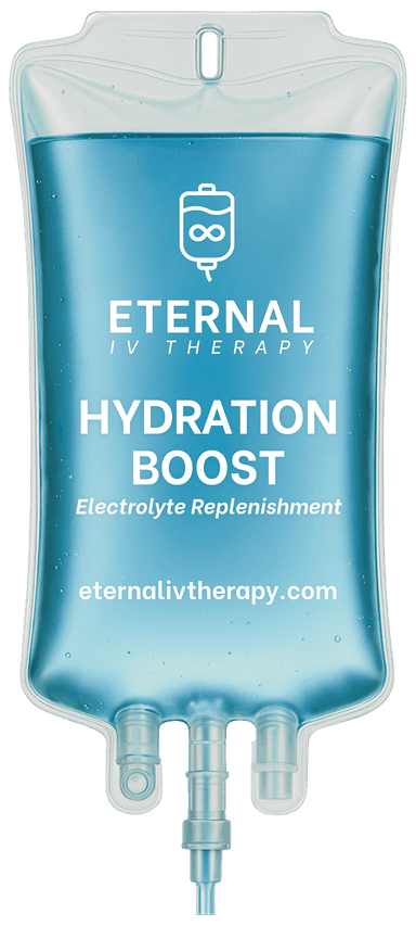 Hydration Boost IV drip bag with blue fluid and Eternal IV Therapy branding promoting electrolyte replenishment, hydration support, and mobile IV therapy services