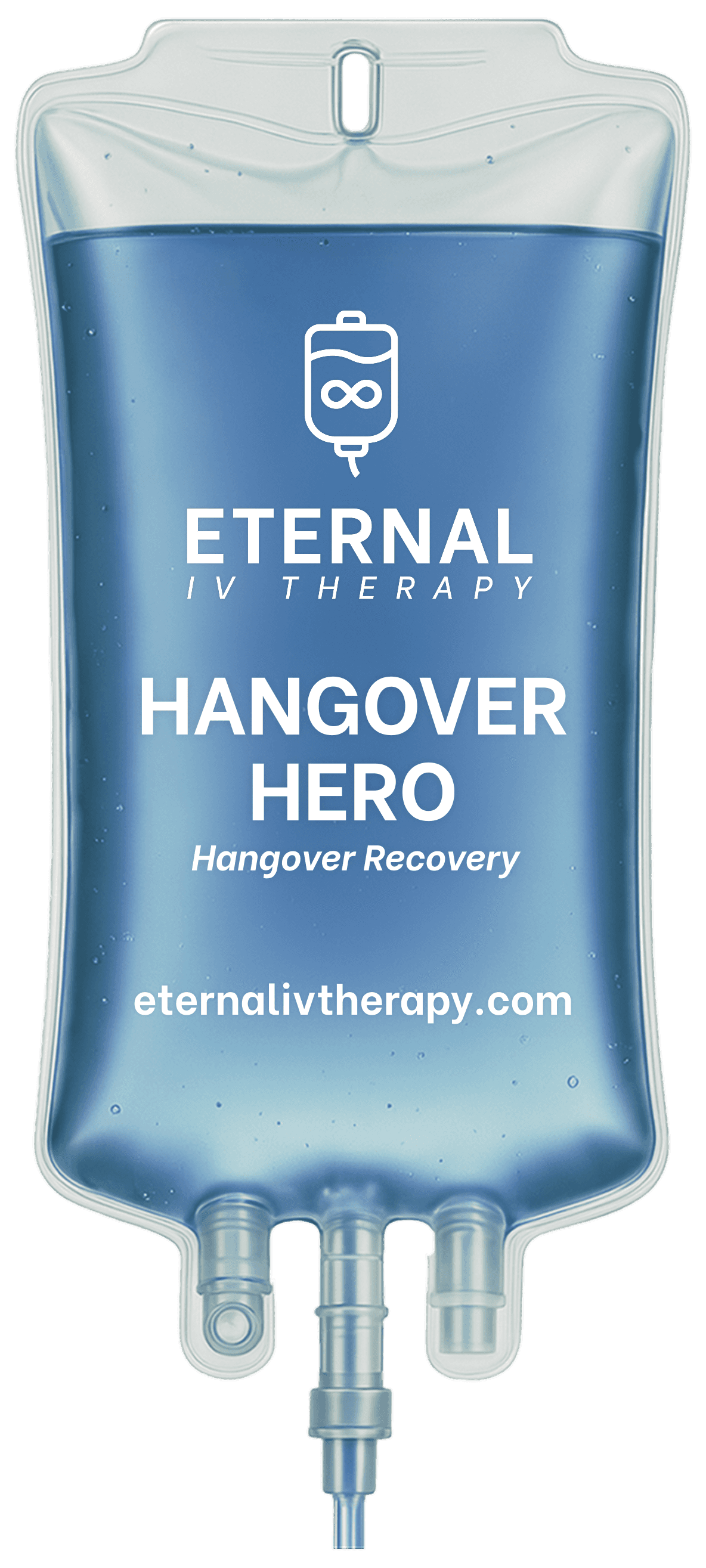 Hangover Hero IV drip bag with blue fluid and Eternal IV Therapy branding promoting hangover recovery, hydration support, and mobile IV therapy services