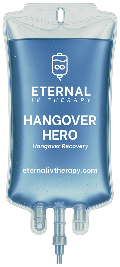 Hangover Hero IV drip bag with blue fluid and Eternal IV Therapy branding promoting hangover recovery, hydration support, and mobile IV therapy services